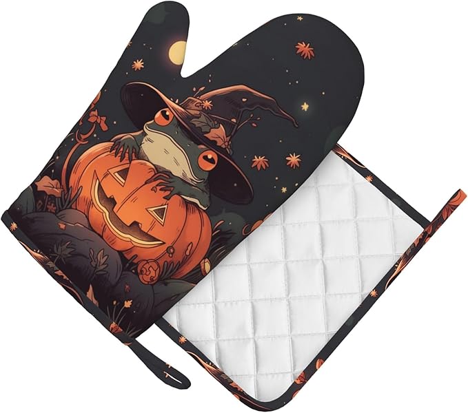 Frog Pumpkin Fairy Tale Oven Mitts and Pot Holders Sets, Home Silicone Heat Resistant BBQ Gloves for Kitchen Baking Cooking Grilling Microwave