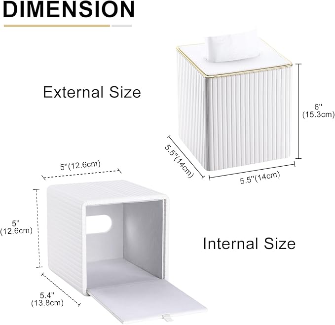 KINGFOM Tissue Box Cover, PU Leather Square Tissue Box Holder for Kleenexs with Magnetic Bottom Cover for Facial Tissues/Napkins, Office & Living Room Decor Box White