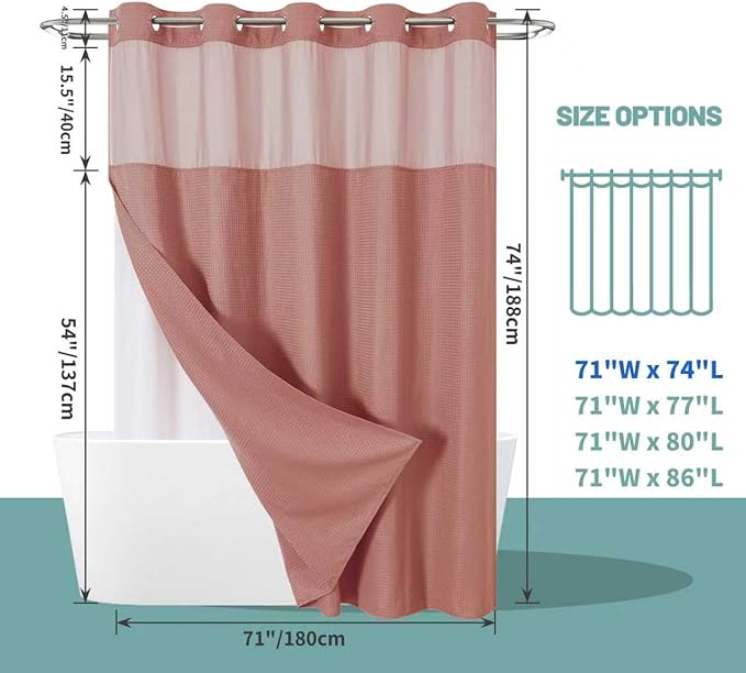 eachope Coral No Hook Waffle Weave Shower Curtain with snap-in Liner Replacement, 230GSM Waterproof Fabric Hotel Shower Curtain Set for Bathroom, Through Mesh Top Window,71Wx74H