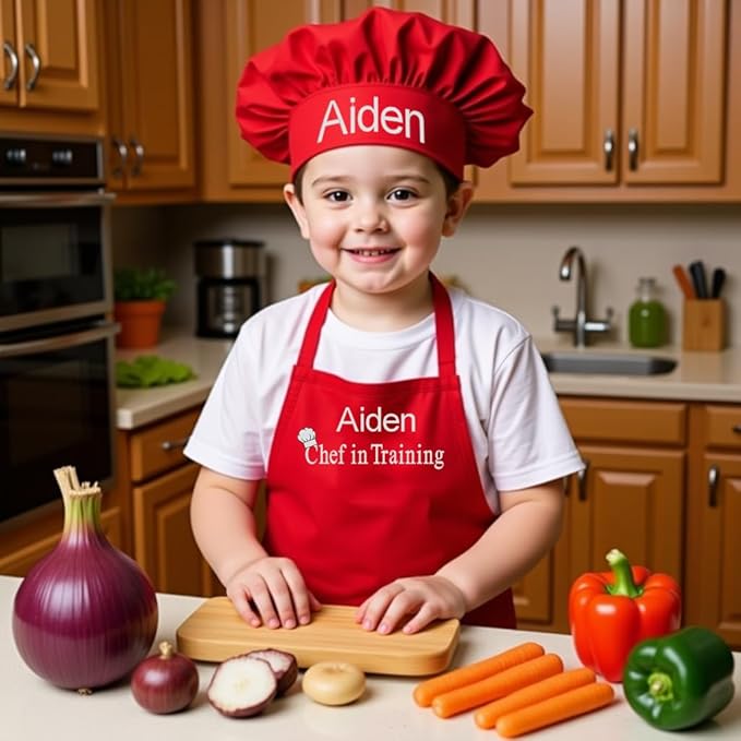 Made in the USA Personalized Embroidered Premium Child Apron and Chef Hat for Kids Girls Boys Fun in the Kitchen Gift (Chef in Training, Regular with hat)