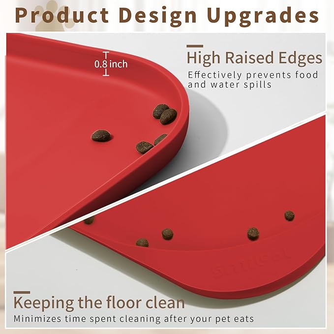 Smilool Silicone Pet Food Mat with Raised Edge for Food and Water Bowl, Dog Feeding Mats, Cat Food Trays for Floor Waterproof, Rubber Tray for Dogs and Cats, 24 x 16 x 0.8 Red