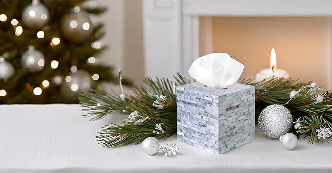 PEMAR Handcrafted Wooden Tissue Box Cover for Small Cube Tissue Boxes Only (Max Inner Size 4.7”) – Mother of Pearl Inlay Decorative Tissue Holder for Bathroom, Living Room & Office (Blue)