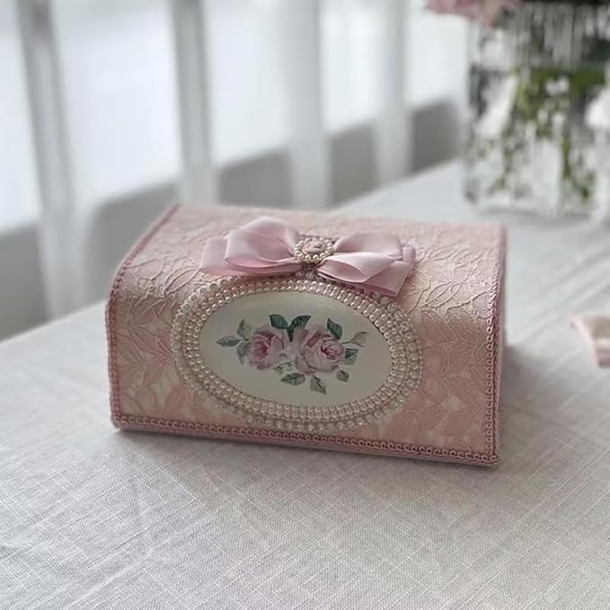 Tissue Cover Holder Fabric Art Cute Tissue Box Cover Dispenser Napkin Organizer for Bathroom Bedroom Office and Car (D-Pink)