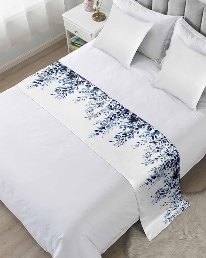 DecorLovee Blue Eucalyptus Bed Runners for Cal King Size Bed, Weeping Botanical Decorative Bed Throws for Foot of Bed, Leaf Watercolor Bed Runner Sofa Throw Bedding Scarf Slipcover for Bedroom