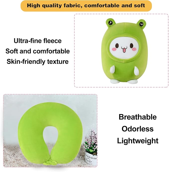 stocaggio Kids Travel Pillow - 2-in-1 Deformable Kids Neck Pillow for Traveling, Soft U-Shaped Pillow with Adorable Animal Design, Comfy Sleep and Play, Ideal for Airplanes and Traveling (Green Frog)
