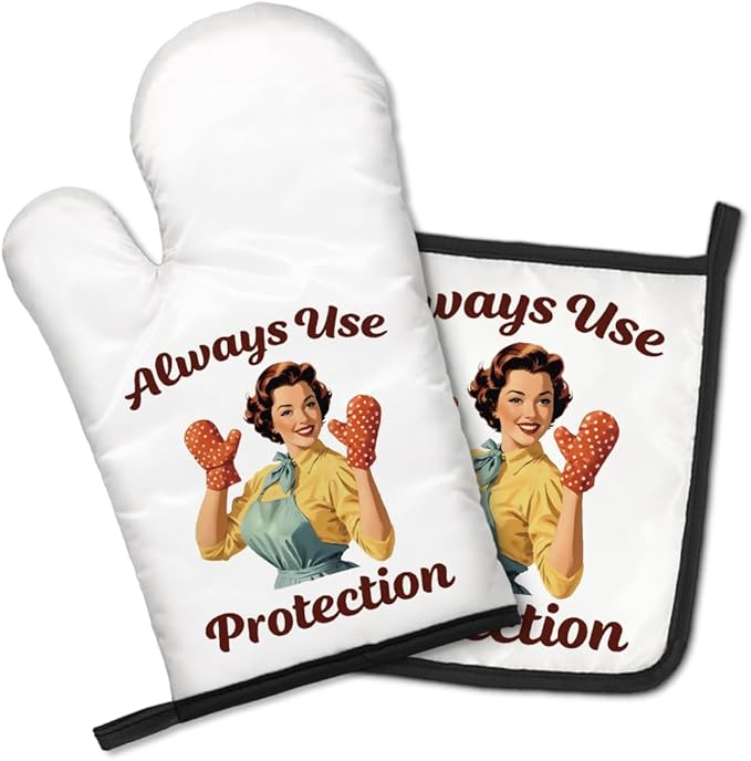 Always Use Protection Funny Oven Mitts and Pot Holders Set, Retro Home Cooking Baking Tools, Suitable for Family Gathering Cooking, Housewarming Gifts for Parents and Family Members
