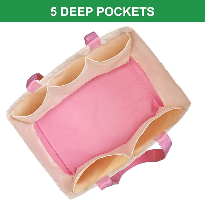 CNaiyunpin 3 Pack Canvas Reusable Grocery Bags Heavy Duty, 8.3 gal Foldable Large Tote Bag with Handles, Holds 60 lbs Canvas Shopping Bags & Washable Eco-friendly Bags with 5 Pockets, Pink+Off white