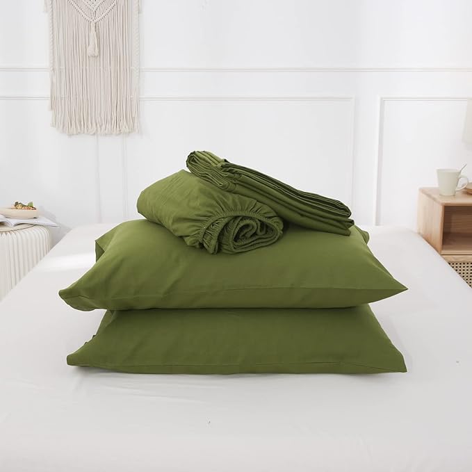 Simple&Opulence Belgian Linen Sheet Set Solid Color - 4 Pieces (1 Flat Sheet, 1 Fitted Sheet & 2 Pillowcases) Natural Flax Cotton Blend Soft Breathable Farmhouse Bedding - Full Size, Forest