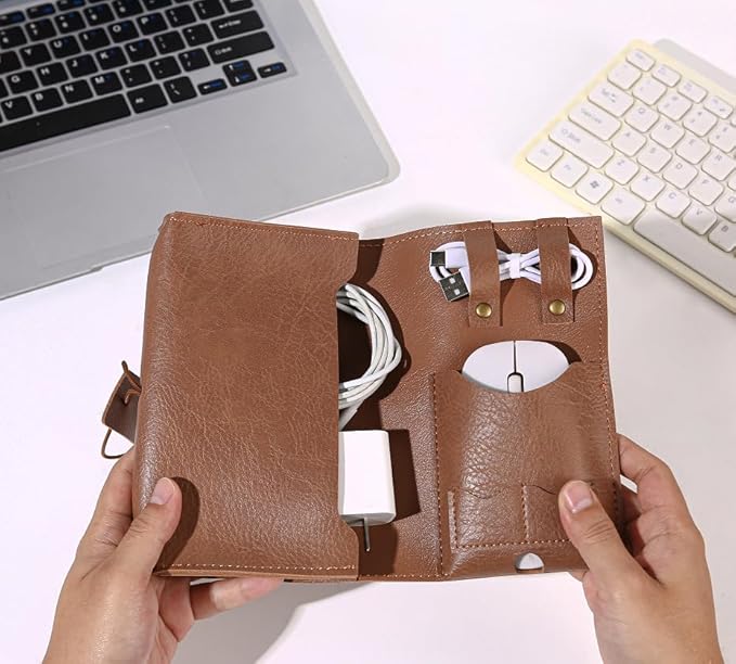 DUWUZEST Vintage leather Electronic organizer travel case,cord organizer travel, Leather charger shortage for essentials mouse, adapter, cables (brown with elastic band)