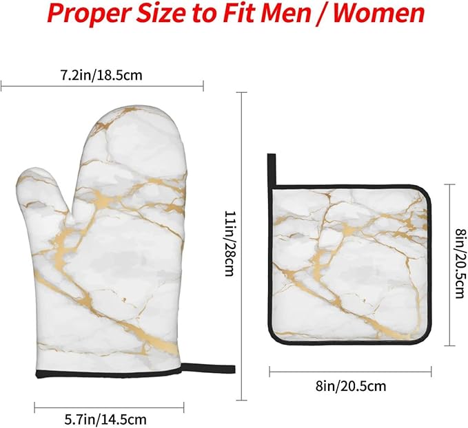 Oven Mitts and Pot Holders White Gold Marble Art Abstract Sets of 4 Kitchen Potholder Gloves Heat Resistant Non-Slip for Chef Baking Cooking Grilling BBQ