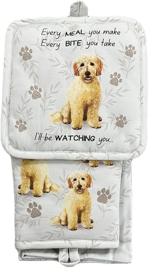 Goldendoodle 3-Piece Kitchen Set - Oven Mitt, Pot Holder & Kitchen Towel Set, Heat Resistant up to 420 F, Soft Quilted Cotton for Cooking, Baking, BBQ, Pet Lover Gifts (Goldendoodle)