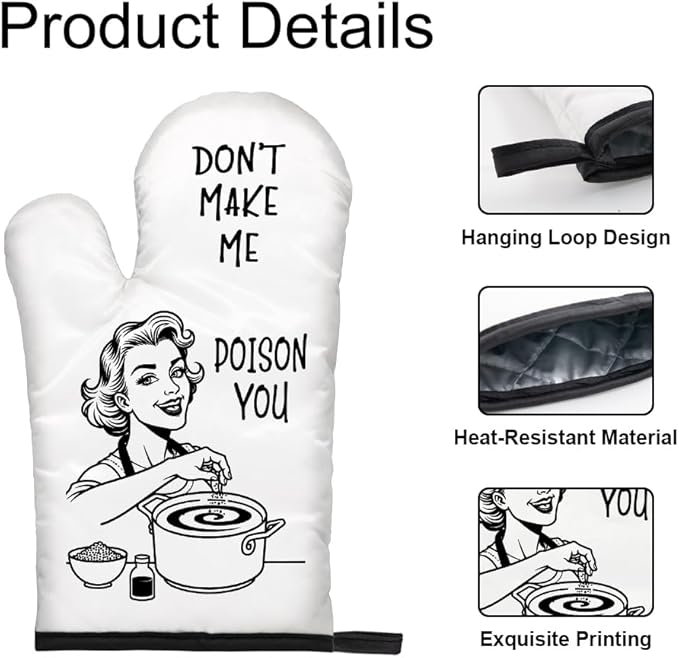 DYJYBMY Don't Make Me Poison Your Food Funny Vintage Lady Oven Mitts and Pot Holder Set, Perfect Humor Baking Gifts for Mom Sister BFF Chef Friend Hostess Housewarming, Sarcastic Oven Mitts for Women