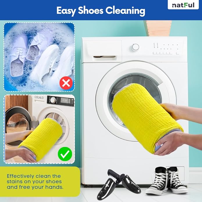 2-Pack Shoe Washing Machine Bag – Reusable Shoe Washing Bag with Brush & Shoe Trees, 360° Deep Cleaning Durable Sneaker Washing Machine Bag, Fits All Shoe Types & Sizes (Yellow, 15.35" × 7.87")