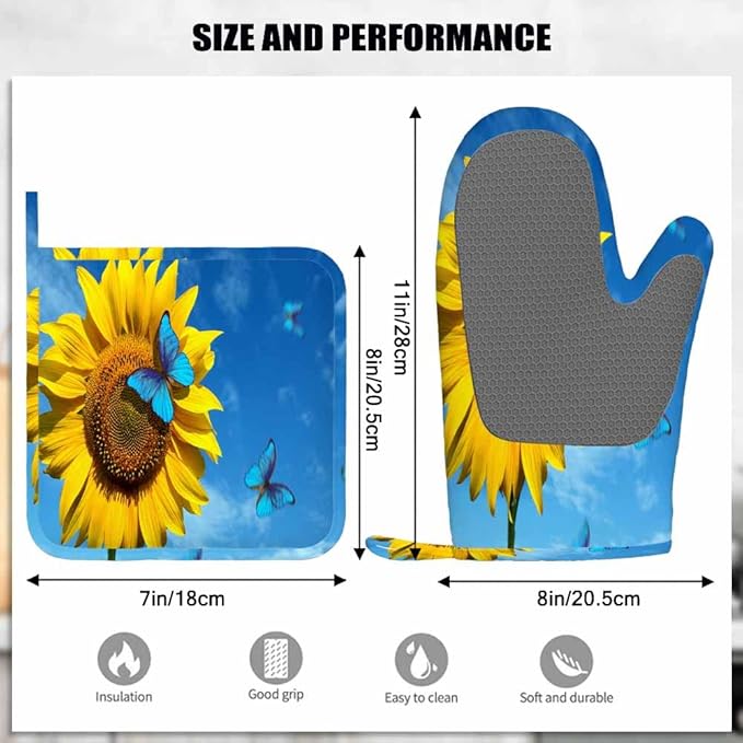 Mxocom Yellow Sunflowers Silicone Oven Mitts and Pot Holders Sets Blooming Sunflowers in Blue Sky Beautiful Blue Butterflies Flying BBQ Gloves for Kitchen,Cooking,Baking,Grilling