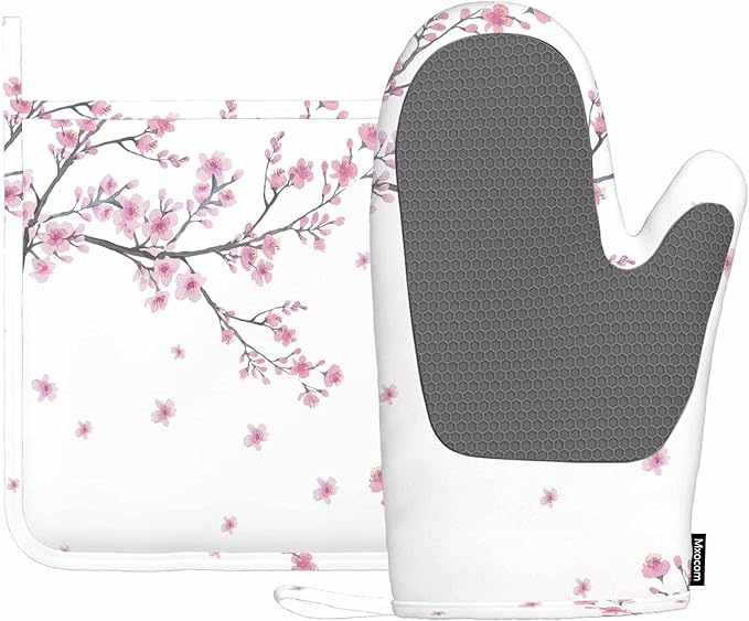Mxocom Cherry Blossom Heat-Resistant Oven Mitts and Pot Holder Watercolor Branch of Flowers Kitchen Non-Slip Cooking Microwave Gloves for Cooking Baking Grilling