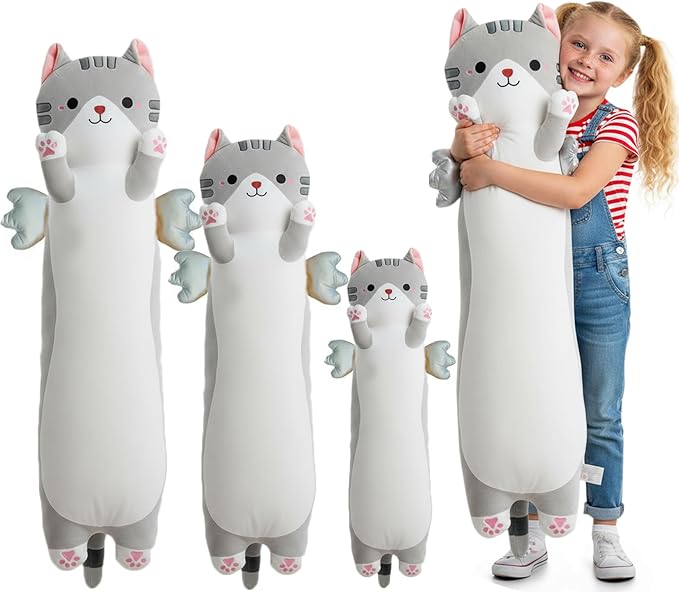 Long Cat Plush Pillow, Cute Cat Stuffed Animal Body Pillow with Wings, Soft Kawaii Kitty Hugging Pillow, Christmas Valentine's Birthday Gift for Kids Girls Boys (Gray, 90cm/35.43in)