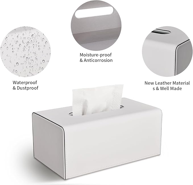 KINGFOM Tissue Box Cover, PU Leather Rectangular Tissue Box Holder with Magnetic Bottom Cover for Facial Tissues/Napkins, Office & Living Room Decor Box (Ivory White)