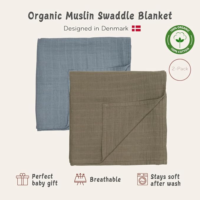 Huxie Swaddle - 100% Organic Cotton - Muslin Swaddle Blankets for Newborn, 47" x 47" 2-Pack (Sage Green/Tradewinds)