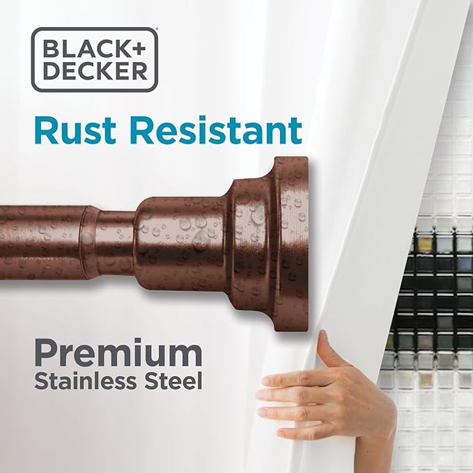 BLACK+DECKER Tension Shower Curtain Rod 42-72 Inch – Drill-Free Adjustable Curtain Rod, Rust-Resistant Stainless Steel Tension Curtain Rod for Shower, Bathroom, Window, Closet – 35 lb Capacity
