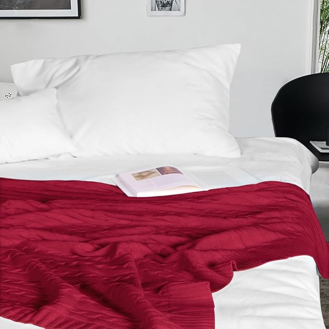 NTBAY 100% Pure Cotton Cable Knit Throw Blanket, Super Soft Warm 51x67 Knitted Throw Blanket for Couch, Sofa, Chair, Bed - Extra Cozy, Machine Washable, Comfortable Home Decor, Red