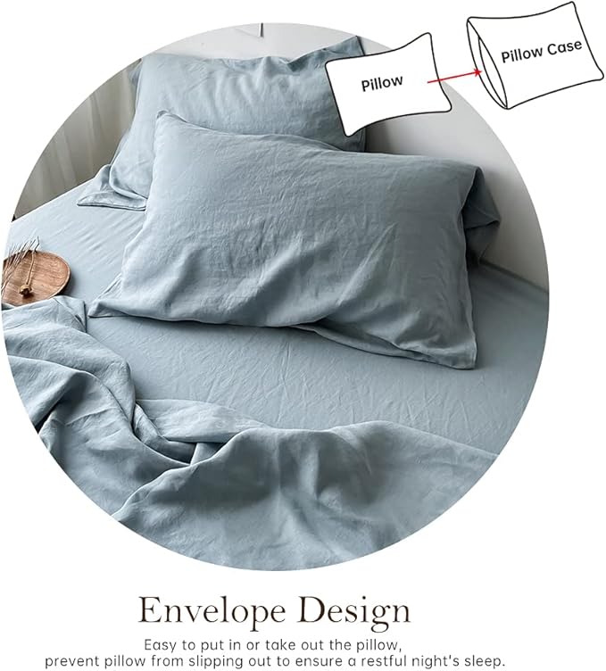 Simple&Opulence Washed Linen Bed Sheet Set Basic Style 4 Pieces (1 Flat Sheet & 1 Fitted Sheet & 2 Pillowcases) 100% Natural French Flax Soft Breathable Farmhouse Bedding (King, Duaty Blue)