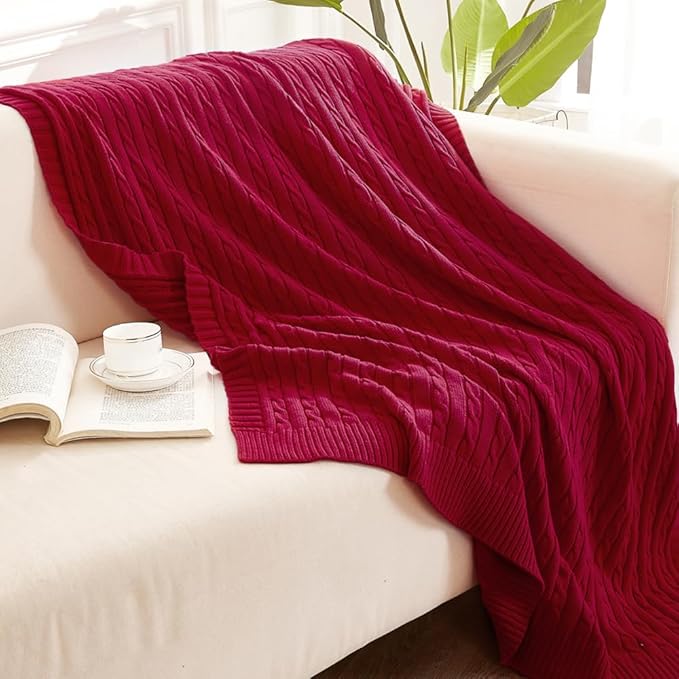 NTBAY 100% Pure Cotton Cable Knit Throw Blanket, Super Soft Warm 51x67 Knitted Throw Blanket for Couch, Sofa, Chair, Bed - Extra Cozy, Machine Washable, Comfortable Home Decor, Red