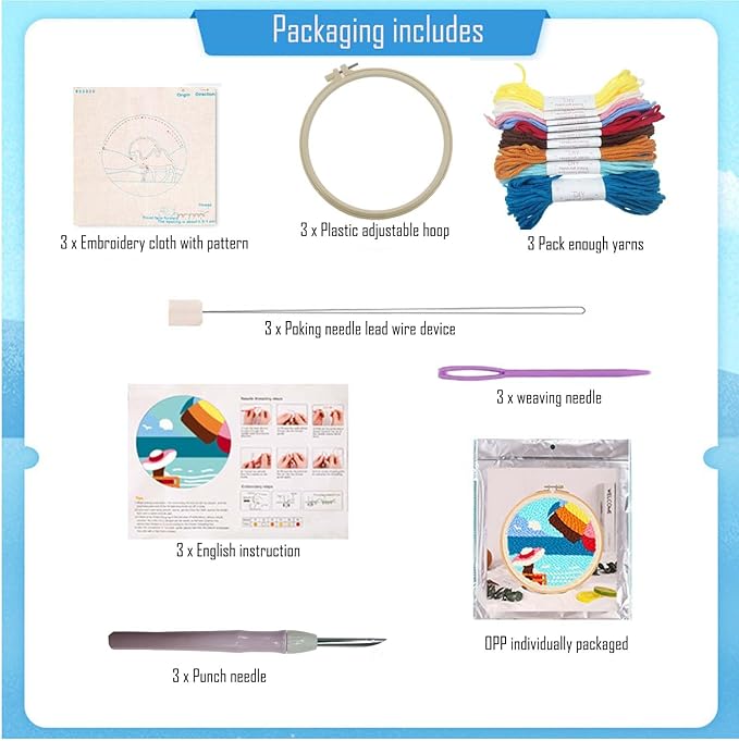 Allazone 3 Set Punch Needle Kits, 20 cm Embroidery Starter Kits with Girl Pattern, Punch Needle Tool Threader Fabric Embroidery Hoop, Yarn and Home Decor