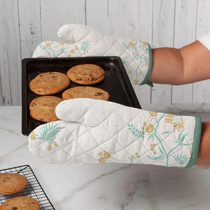 Oven Mitts (Set of 2) | Heat Resistant Oven Gloves Kitchen,Safe for Baking, BBQ, Grilling | Cooking Gloves | Soft & Durable | Machine Washable (Rama Green Print)
