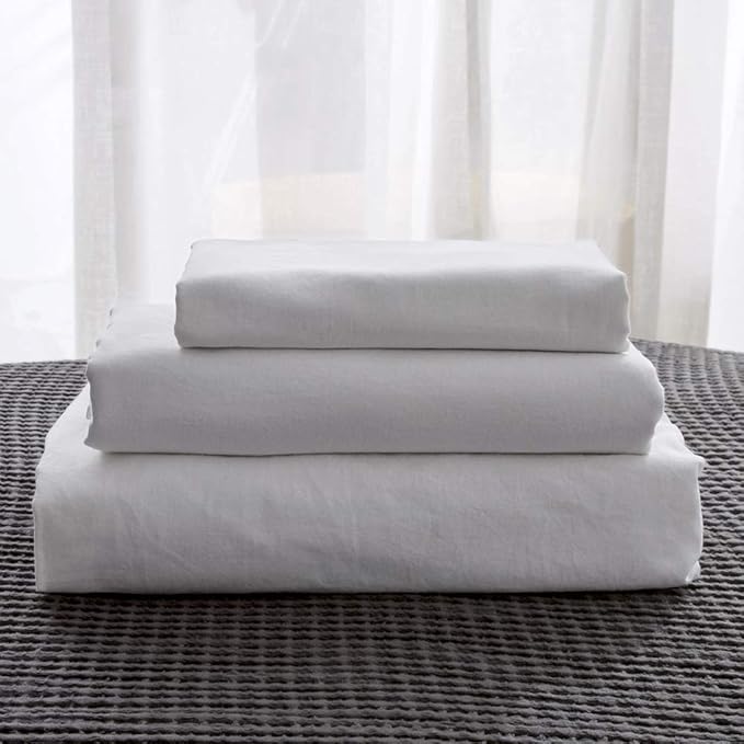 Simple&Opulence Belgian Linen Sheet Set Solid Color - 4 Pieces (1 Flat Sheet, 1 Fitted Sheet & 2 Pillowcases) Natural Flax Cotton Blend Soft Breathable Farmhouse Bedding - King Size, White