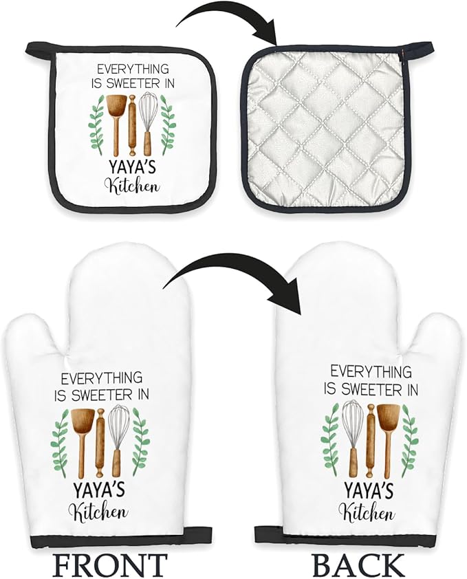 Yaya Gifts Oven Mitts and Pot Holders Sets, Gifts for Yayas from Grandkids Kitchen Decor Accessories Sets, Sweeter in Yaya's Kitchen Heat Resistant Oven Glove Potholders for Kitchens Cooking