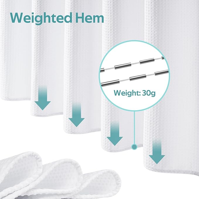 Vipfree 3 in 1 Shower Curtain Set, Waffle Shower Curtain and Liner Set with 12 Double Sided Shower Curtain Hooks, 258GSM Luxury Weighted Cloth Shower Curtains for Bathroom, 72 W x 72 H, White