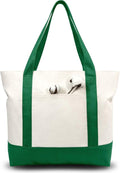 TOPDesign 3-Pack Canvas Tote Bags with an External Pocket, Reusable Grocery Shopping Bags, Top Zipper Closure, Daily Essentials (Green/Natural)