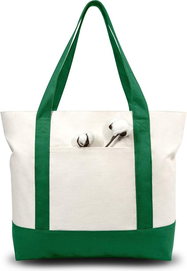 TOPDesign 6-Pack Canvas Tote Bags with an External Pocket, Reusable Grocery Shopping Bags, Top Zipper Closure, Daily Essentials (Green/Natural)