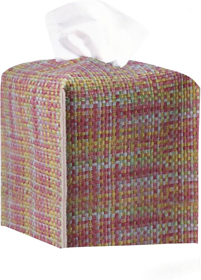 Azormi Tissue Box Cover, PU Leather Square Tissue Box Holder with Woven Pattern, Cube Tissue Box Covers with Bottom Belt, Perfect Decorative Organizer for Tabletop, car, Office, Bathroom, 5 x 5 x 5