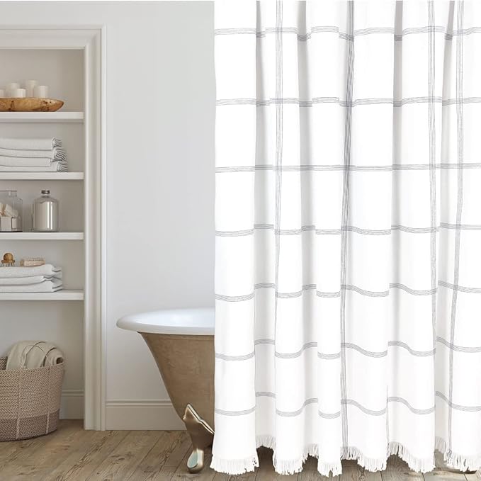 HALL & PERRY Modern Farmhouse Tassel Shower Curtain 100% Cotton Striped Fabric Shower Curtain with Tassels for Bathroom Décor (Black 5, 72"x72")