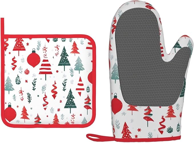 Oven Mitts and Potholders Merry Christmas Tree Silicone Glove Heat Resistant, Kitchen Gloves for Cooking, 2-Piece Set