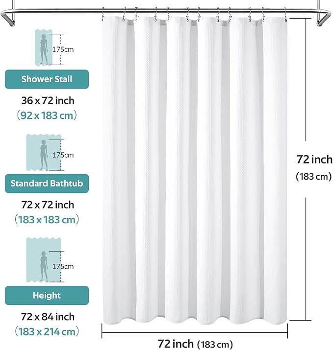 Vipfree 3 in 1 Shower Curtain Set, Waffle Shower Curtain and Liner Set with 12 Double Sided Shower Curtain Hooks, 258GSM Luxury Weighted Cloth Shower Curtains for Bathroom, 72 W x 72 H, White