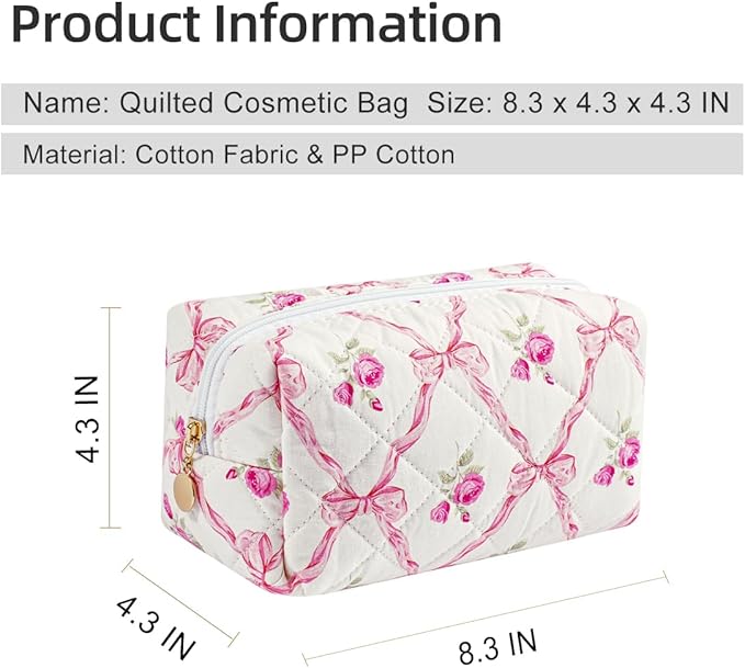 Gleyemor Small Quilted Makeup Bag for Women, Cute Floral Bow Cosmetic Bag, Emergency Bag Travel Toiletry Cotton Pouch Gifts for Girls Her Mom Friend Sister Bridesmaid (Pink Bowknot&Rose)