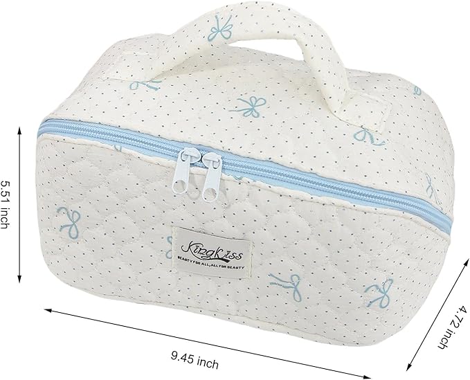 HiTotes Travel Makeup Bag Coquette Floral Cosmetic Bag Quilted Wide Open Lay Flat Toiletry Bag Cute Travel Makeup Pouch
