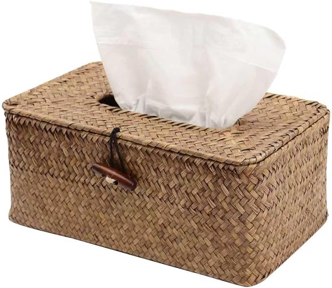 Shonmogar Country Rustic Seagrass & Metal Rectangle Tissue Box Cover, Woven Tissue Box Holder with Lid, Wicker Tissue Holder for Bathroom Toilet Living Room Bedroom Table Desk Home Office Car, Coffee