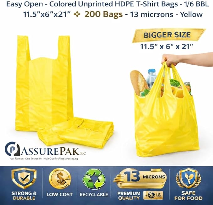 ASSUREPAK Colored Unprinted HDPE T-Shirt Bags - 200 Bags - 1/6 BBL 11.5"X6"X21" - 200 Units - 13 microns - Yellow - Perfect for Groceries, Shopping, Boutique Bags and Retail Stores LOOP-YELLOW