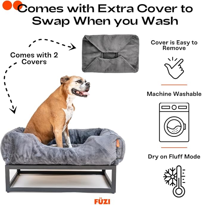 FUZI Elevated Dog Bed Medium with Extra Cover, Luxury Raised Dog Beds, Removable and Machine Washable Bed Cover, Indoor/Outdoor Orthopedic Pet Bed, Medium 31.75x23.6x18 Dark Grey and Black Base