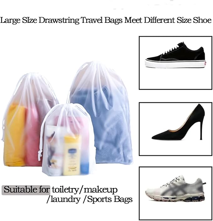 JACUXLSS Frosted Clear Plastic Travel Shoe Bag for Men Woman Travel Organizer, 15Pcs Washable Translucent Drawstring Pouch with Rope for Golf GYM Sneaker Clothes Suitcase Home Packing Storage