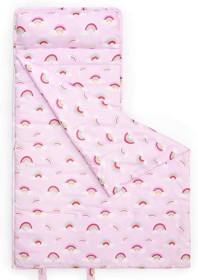 david's kids Toddler Nap Mat Set with Removable Pillow, Ultra Soft Slumber Bags for Girls，Perfect for Preschool, Daycare, Kids Sleeping Bags with Rollup Design, 50"x20", Rainbow