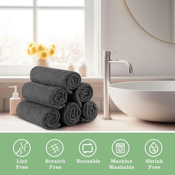UNIMADE Washcloths Bulk - 100 Pack - Face Towels (12" x 12"), Highly Soft Wash Cloths and Hand Towels, Fast Drying Multi-Purpose Microfiber Cleansing Cloths for Bathroom, Hotel, Spa, and Salon - Grey