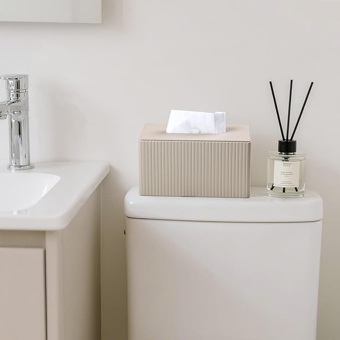 MEIBOOCH Extra Large Tissue Box Cover for Standard Size 180 to 230 Count Box of Tissues, PU Leather Rectangle Tissue Holder with Magnetic Closure (Beige)