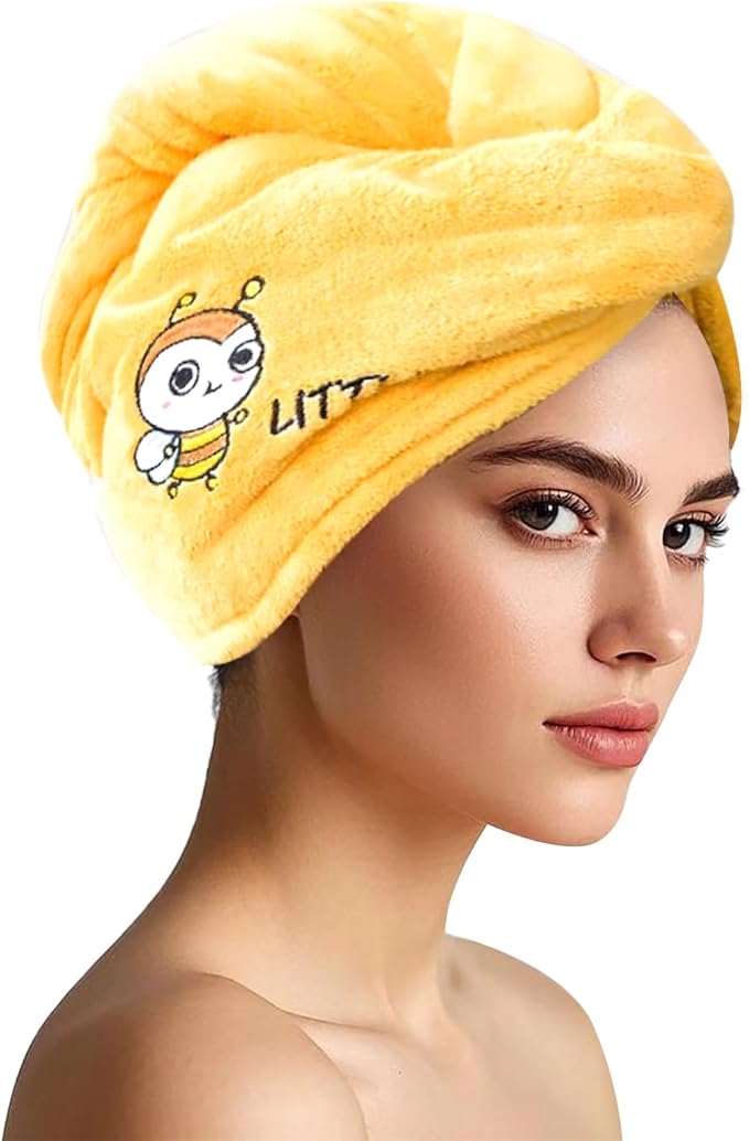 AGKXHDEC Double Layer Microfiber Towel, Hair Turbans for Wet Hair, Drying Hair Wrap for Women(The Color of The Picture is for Reference only) (Yellow with bee)