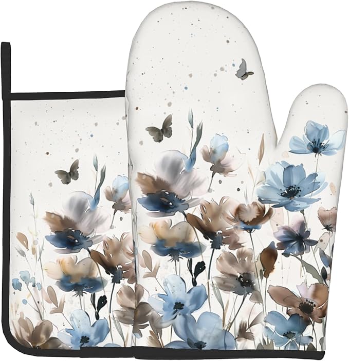 Blue Brown Floral Oven Mitts and Pot Holder Sets 2-Pack Watercolor Flower Kitchen Mitts Farmhouse Heat Resistant Oven Gloves Potholder for Home Kitchen Cooking Baking Grilling Gifts