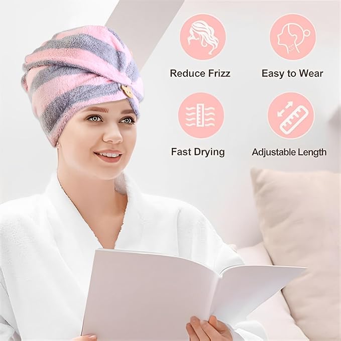 YHPDYL 3 Pack Microfiber Hair Towel Wrap for Women, Fast Drying Hair Turban with Button, Anti-Frizz Large Hair Towel for All Hair Styles, Soft & Absorbent Hair Drying Towel