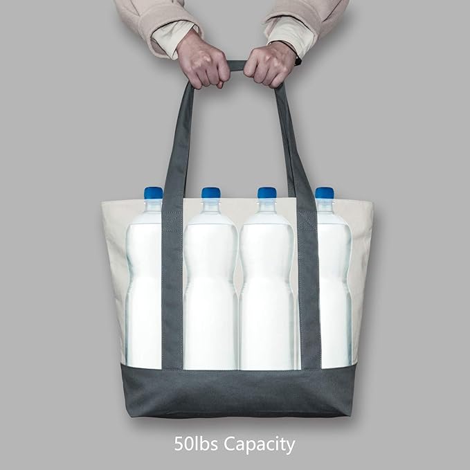 TOPDesign 6-Pack Canvas Tote Bags with an External Pocket, Reusable Grocery Shopping Bags, Top Zipper Closure, Daily Essentials (Grey/Natural)